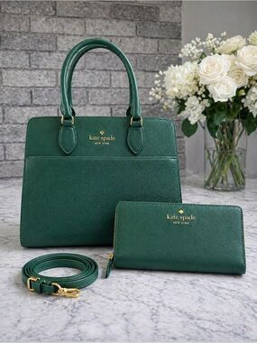 ☀️Kate Spade Madison Jade Green Medium Satchel Bag & matching bifold wallet